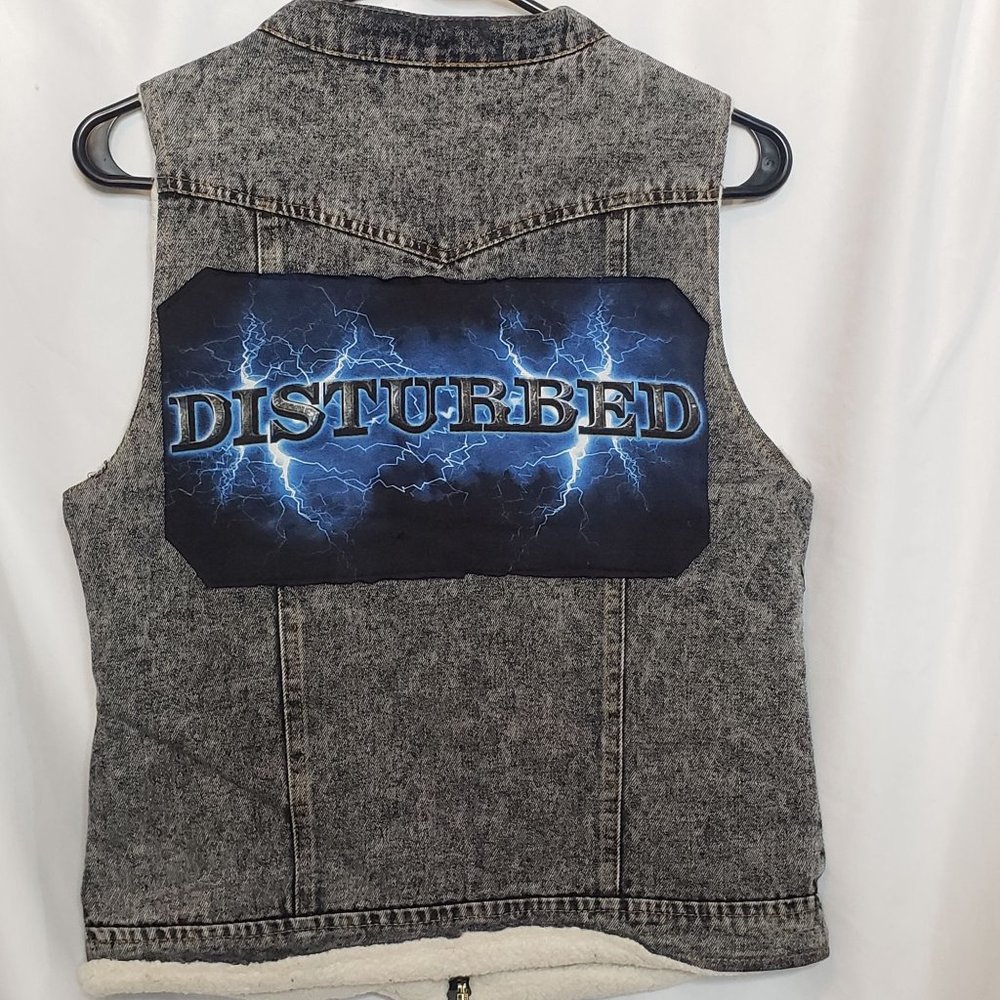 Disturbed Upcycled Denim Vest Adult Sm Faux Sherpa